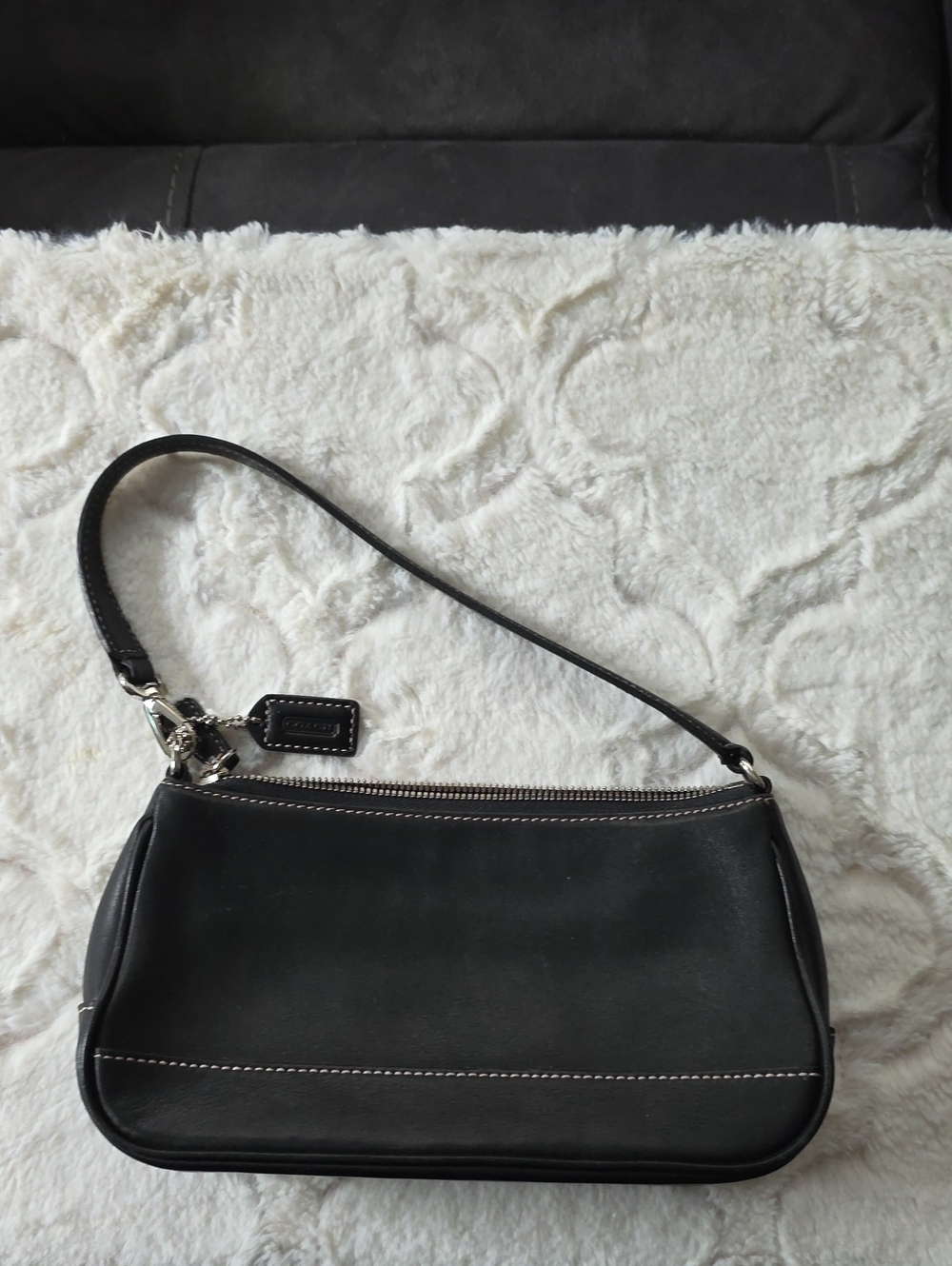 Coach Black Leather Shoulder Bag with White Contrast Stitching